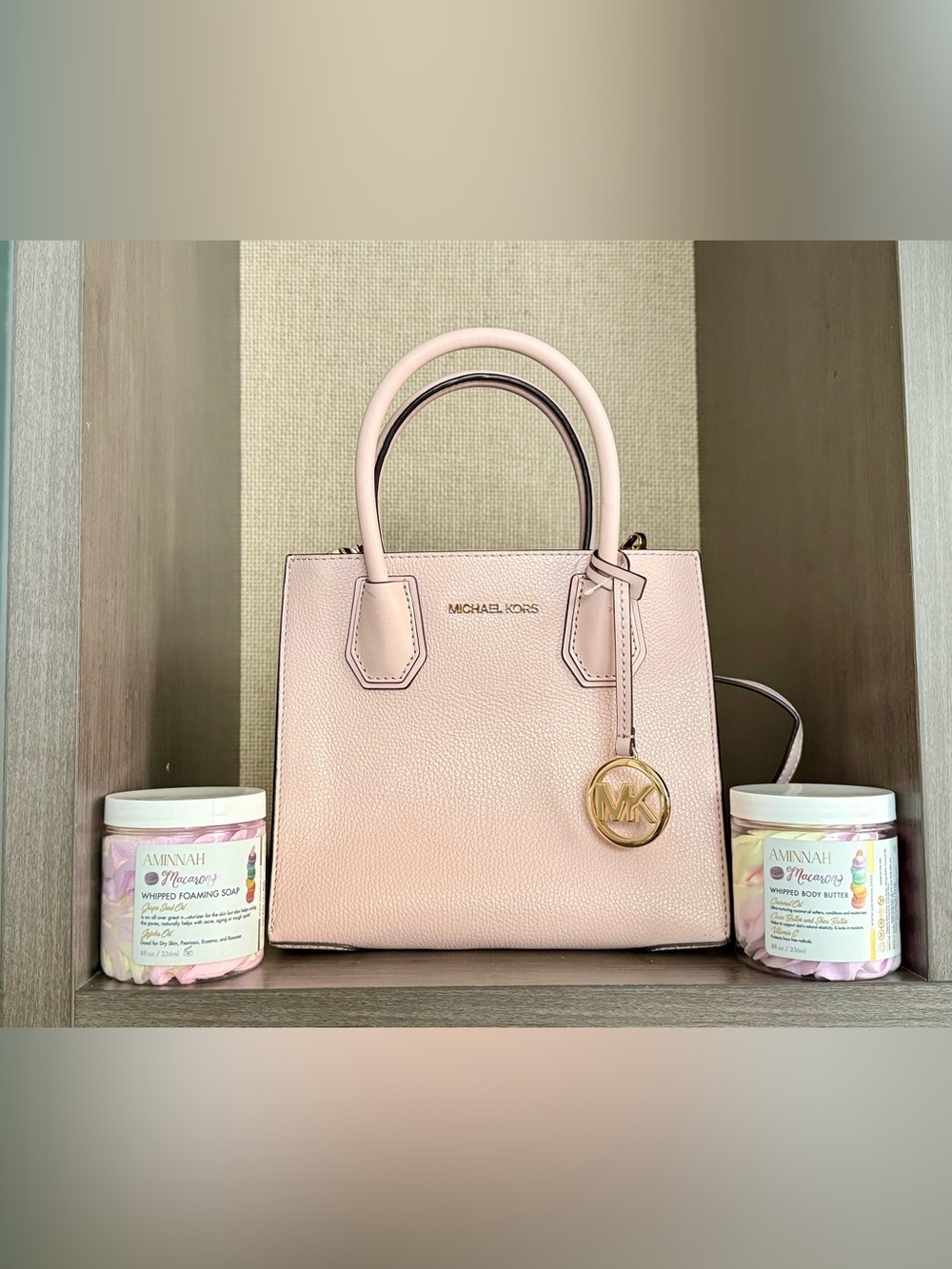 Michael Kors Pink Leather Crossbody Tote & Aminnah Macaron Soap & Butter Bundle